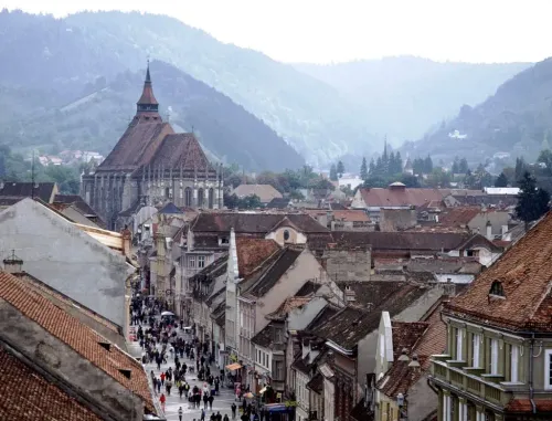 aerial view of eastern european city with fog